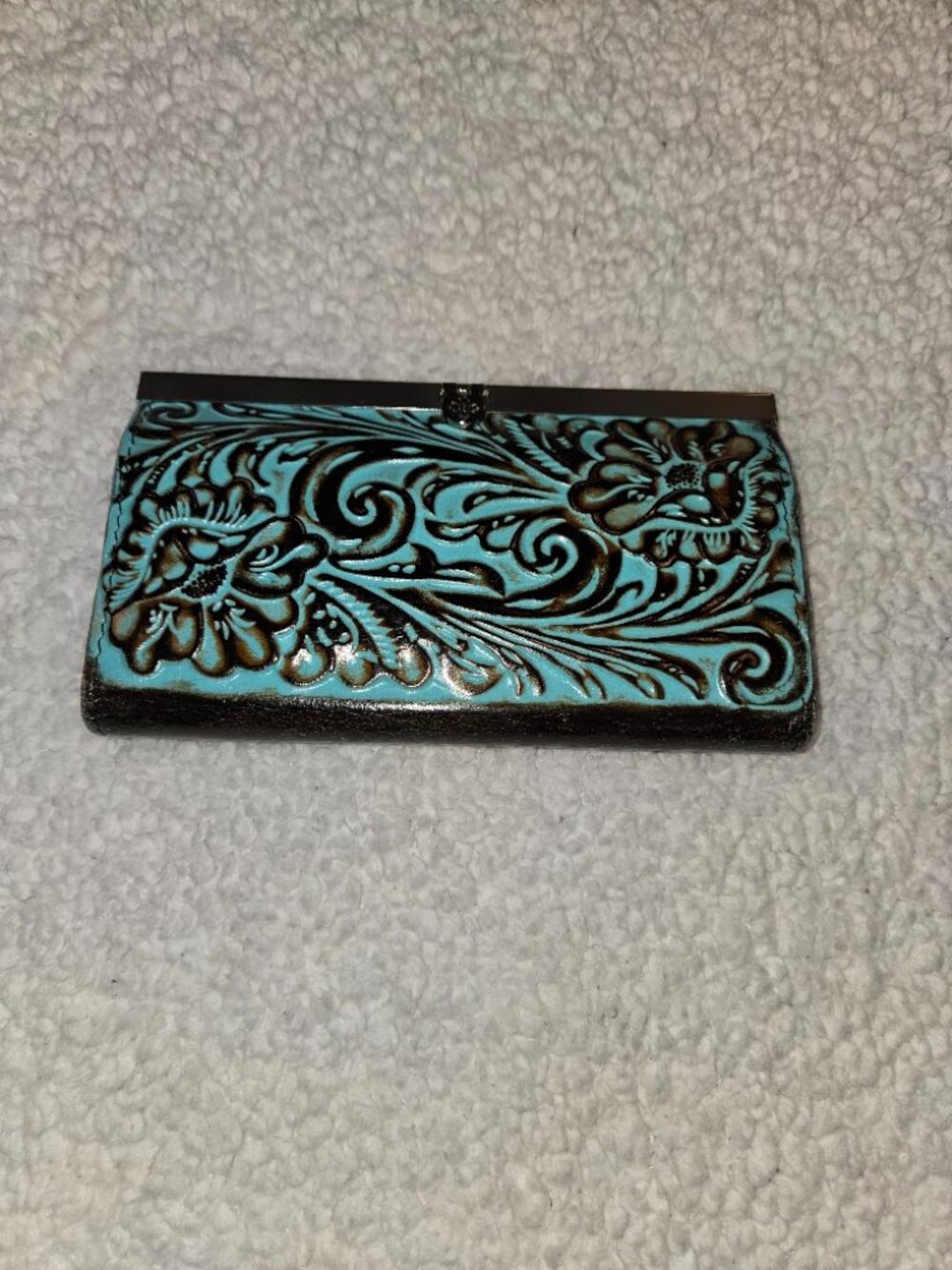 Patricia Nash Tooled Turquoise Leather Kiss Lock Checkbook Wallet Organizer - Picture 1 of 8
